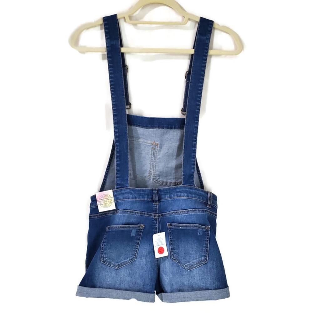 NWT Wax Jean Distressed Overall Cuffed Shorts Shortalls Size Small Blue Denim - Picture 2 of 13